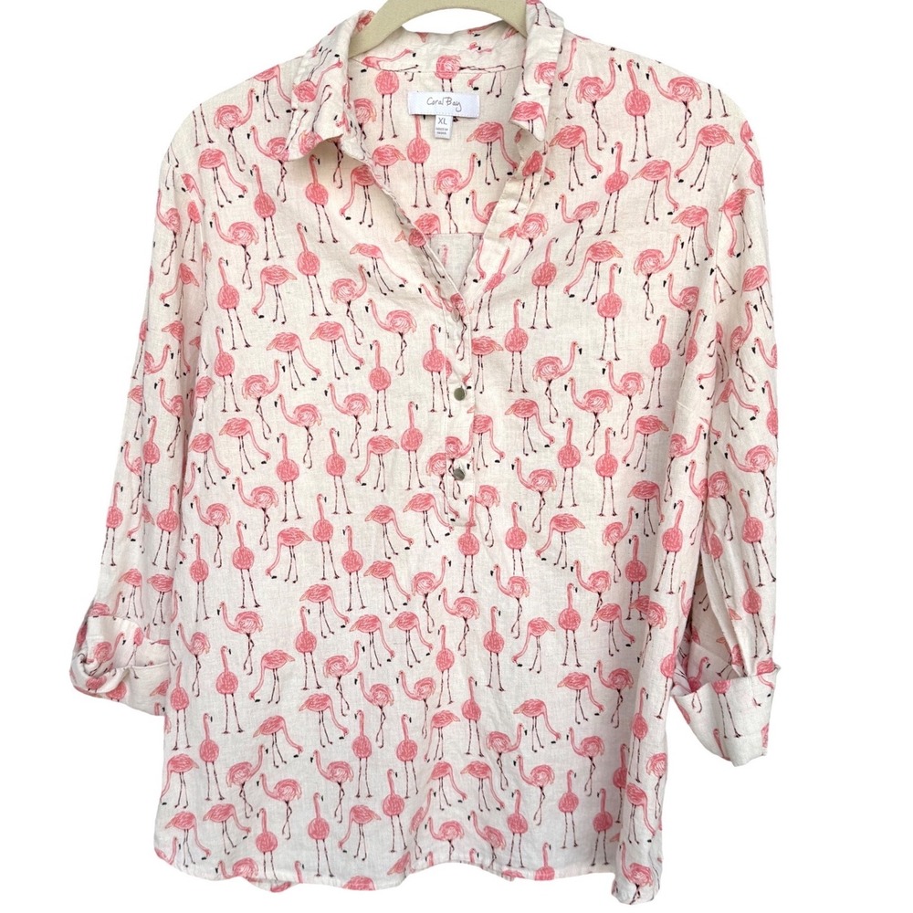 Pink Flamingo Linen Blend Roll Tab Sleeve Button Front Shirt Coral Bay Beachy